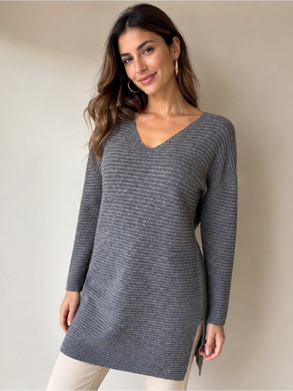 Bella Amore Made in Italy Sweater Tunic Womens M Taupe Ribbed V Neck Lagenlook